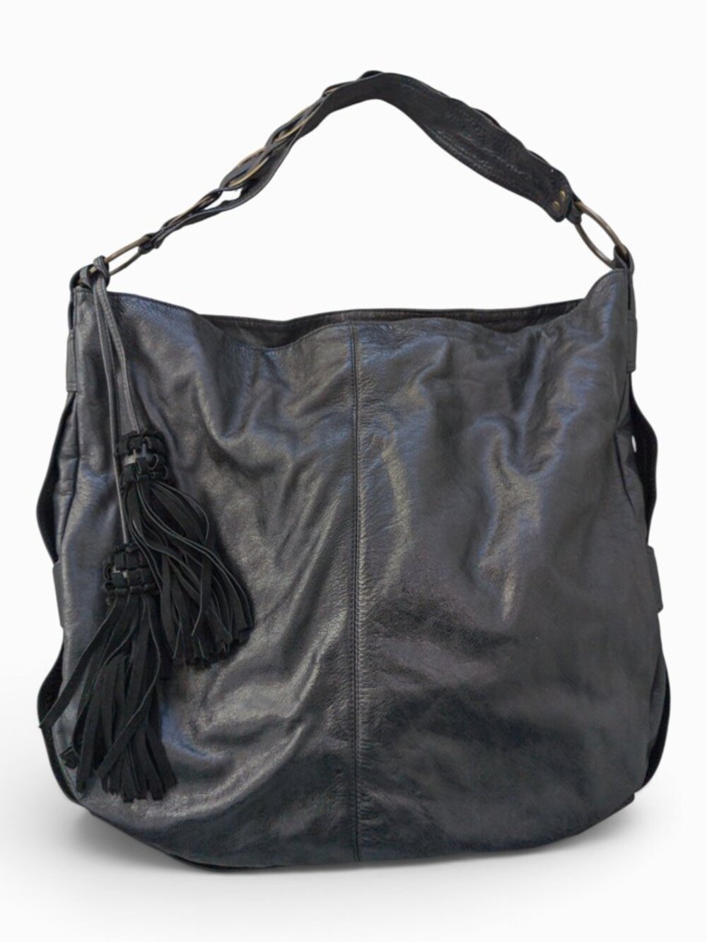Malaika Designs Black Leather Hobo, Made in USA, Suede-Lined w/ Tassels